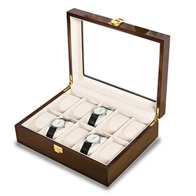 Image of Guolich Watch Storage Box Display Holder Case Brown Solid Wooden Jewelry Bracelet Collection Organiser with Glass Lid (10 Slots)