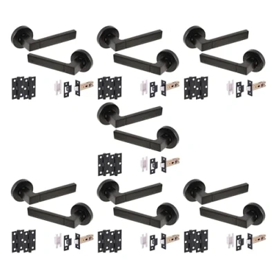 Image of HANDLEZONE® 7 Sets Luxa Internal Door Handle Pack, Complete with Lever Handles, 76mm Latch, 75mm Ball Bearing Hinges Black Matt