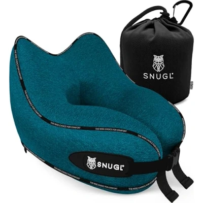 Image of SNUGL Travel Pillow Memory Foam Neck Cushion Flight Support for Airplane with Carry Bag &amp; Clip Flying Essentials (Teal Regular)