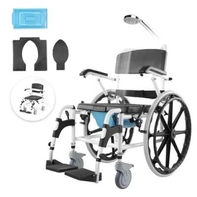 Image of VEVOR Shower Wheelchair, 17.5in Width Aluminum Alloy Bathroom Wheelchair for Inside Shower, Adjustable Rolling Chair w/Brake Disabled Adult, 300 lbs Capacity Commode Transport