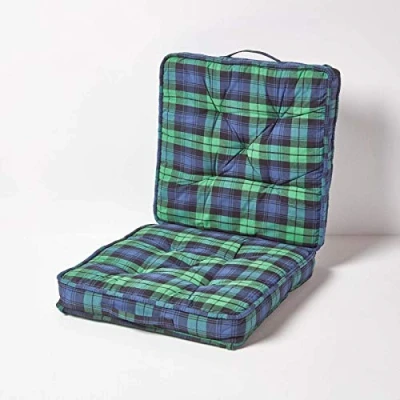Image of HOMESCAPES Green and Blue Tartan Travel Booster Cushion Large Firm 50 cm Square Seat Pad Backrest Thick Soft Cotton Supportive Car For The Elderly, Post Operative Lumbar Support