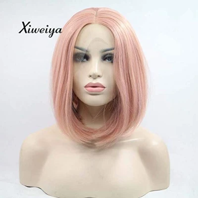 Image of Xiweiya wig Pastel Pink Synthetic Peach Lace Front Short Bob Wigs Heat Resistant Fiber Straight Hair