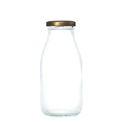 Image of 250ml Glass Milk Bottle &amp; Lid for Raw Juice Small Milkshake Wedding Favours (43mm Neck) (Gold Lid, Pack of 36)