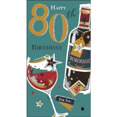 Image of Jonny Javelin Male 80th Birthday Card Age 80 Red Wine and Stars Embossed with Foil Flitter Details