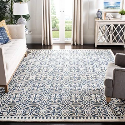 Image of SAFAVIEH Medallion Rug for Living Room, Dining Bedroom Cambridge Collection, Short Pile, in Navy Blue and Ivory, 91 X 152 cm