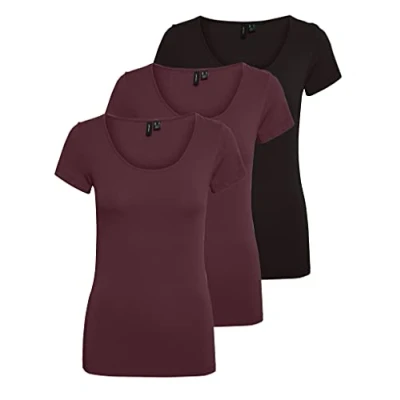 Image of VERO MODA Vmmaxi My SS Noos Women’s Soft Scoop Neck T Shirt, Multicoloured (2 x Port Royale / 1 Black), S