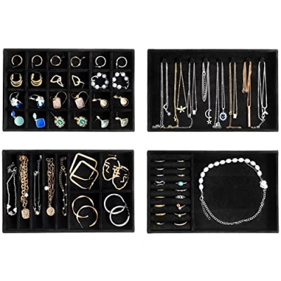 Image of ProCase Jewellery Tray Organiser, Drawer Organiser Velvet Stackable Storage for Display Earring Necklace Ring Bracelet 4 Layers, Allblack