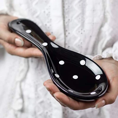 Image of City to Cottage Spoon Rest for Stove Top, Large Ceramic Holder Kitchen Counter, Cooking Utensil Countertop, Handcrafted Black and White Polka Dot Ladle, Spatula, Tong