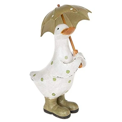 Image of Davids Ducks White &amp; Green Polka Dot Duck with Umbrella and Wellington Boots (Small) Charming Decorative Ornament
