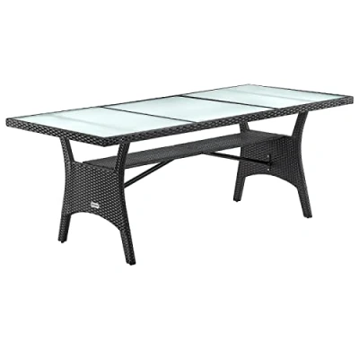 Image of CASARIA® XL Polyrattan and Glass Garden Table With Shelf 190x90x74cm Safety Top Plates Adjustable Levelling Feet Weatherproof Patio Dining Furniture Black