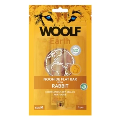 Image of WOOLF Earth NOOHIDE Rabbit Flat Bar Dog Treats Complementary Snacks for Dogs. Grain Free and Natural Ingredients with High Meat Content. Gelatine Based, Highly Digestible. (Size M 90g, 3 pieces)