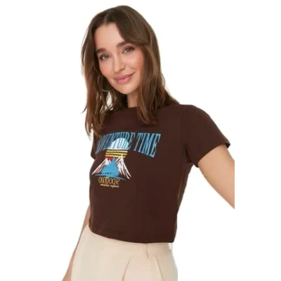Image of Trendyol Women Regular fit Basic Crew Neck Knitted T Shirt Brown