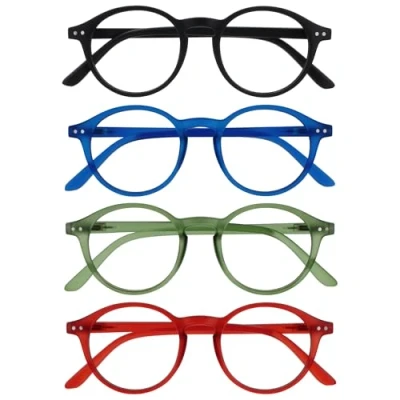 Image of OPULIZE REY Reading Glasses 4 Pack Retro Round Frame Matt Black, Blue, Green, Red Mens Womens Spring Hinges RRRR56 136Z +2.50