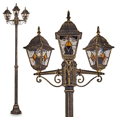 Image of Outdoor lamp Antibes, candelabra in antique look, cast aluminium brown/gold with clear glass panes, 3 arm pathway 225 cm, x E27 socket, retro/vintage garden IP44, without bulbs
