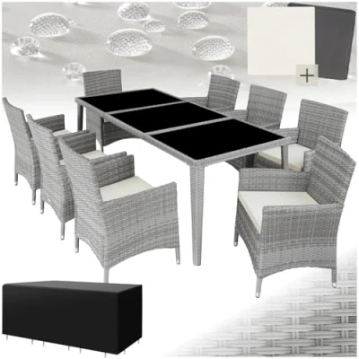 Image of TecTake® Garden Dining Set, Aluminium Frame, Outdoor and Indoor Table Set with 8 Chairs, 1 Real Glass Plate, Includes Removable Cushions Weather Cover light grey
