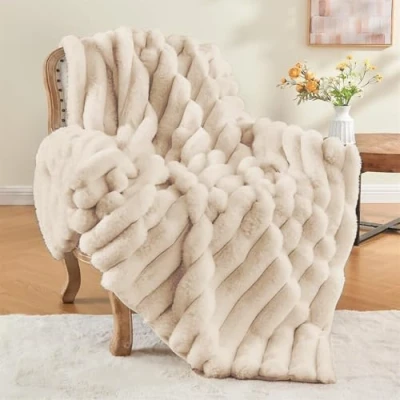 Image of LINGKY Faux Rabbit Fur Luxury Plush Throw Blanket Super Soft Cozy Fuzzy Fluffy Blankets Warm Bed Throws for Couch Sofa, Striped Beige, 100x160cm