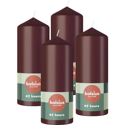 Image of Bolsius Pillar Candles Dark Red 4 Pack 15 x 6 cm Decorative Household Long Burning Time of 42 Hours Unscented Includes Natural Vegan Wax Without Palm Oil