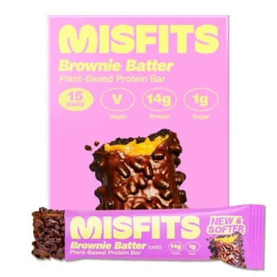 Image of Misfits Vegan Protein Bars, Brownie Batter Updated Recipe Low Sugar &amp; Carb, High Fibre Snacks Pack of 15