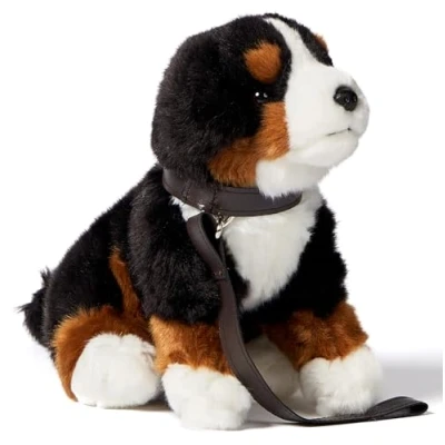 Image of Uni Toys Bernese Mountain Dog Puppy, Sitting With Lead 19 cm (Height) Plush Pet Toy, Cuddly Toy