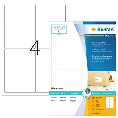 Image of HERMA Self Adhesive Inkjet Address Labels, 4 Labels per A4 Sheet, 80 Sheets, 96 x 139.7 mm, 320 Blank Mailing Stickers, Sticky for Printer, White