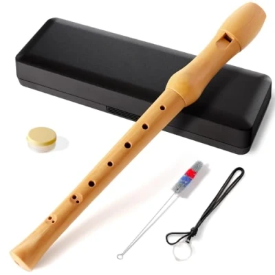 Image of Fansjoy Wooden Recorder, 8 Hole Descant Soprano Recorder Instrument with Case &amp; Cleaning Kit, English/Baroque Fingering