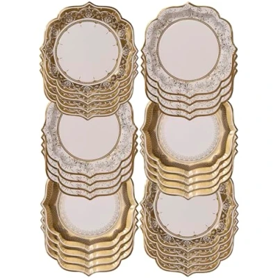 Image of Talking Tables Premium Quality Gold Disposable Paper Plates in 3 Styles Strong and Sturdy Elegant Design Recyclable Tableware for Christmas, Birthday Party, Weddings, Anniversary Made Pack of 24