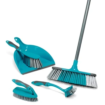 Image of Beldray LA024152TQ Cleaning Bundle with Broom, Dustpan and Brush Set, Scrubbing &amp; Dish Brush, Long Handled Indoor Floor Sweeping, Washing Up Brushes, Bathroom/Tile/Grout Cleaner, Soft Grip, Blue