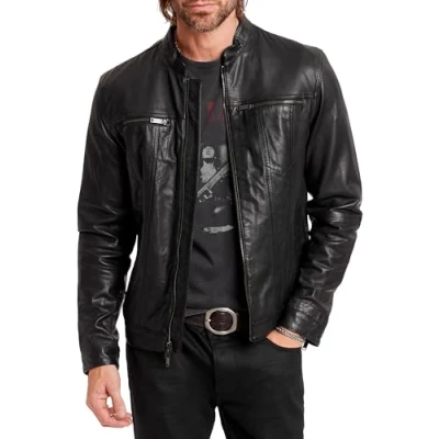 Image of John Varvatos Men&#039;s Band Collar Leather Jacket, Black, Large