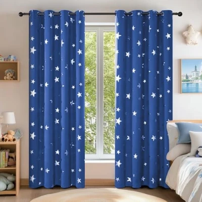 Image of Deconovo Stars Foil Printed Thermal Insulated Curtains Eyelet Blackout for Kids Bedroom 46 x 54 Inch Blue 1 Pair