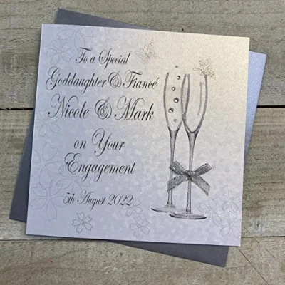 Image of WHITE COTTON CARDS PERSONALISED ENGAGEMENT CARD. ANY RELATION. GODDAUGHTER &amp; FIANCÉ. CHAMPAGNE FLUTES DESIGN. Handmade (P22 34 GODD XP22 GODD)