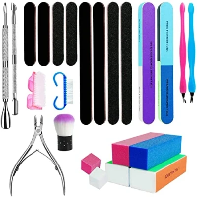 Image of Nail File Set, 24 Pcs Block Files 7 Ways Buffer Cuticle Nipper and Pusher Scrubbing Brushes Dust Brush for Dead Skin Trimming Polishing Shining
