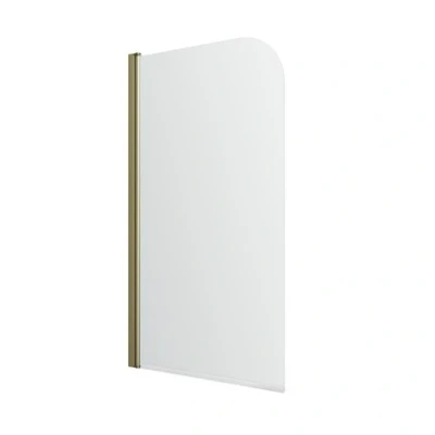 Image of Iflo Hinged Bath Screen With R200 Curved Top Brushed Brass Finish 6mm Glass