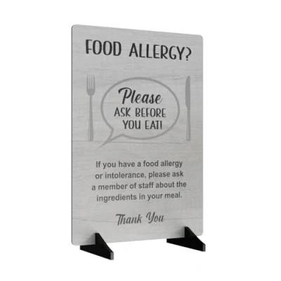 Image of Please Ask Before You Eat, food Allergy and Intolerance Warning Sign / notice A4 size, supplied with wooden stand display this customer in your establishment. (White Wood Effect)