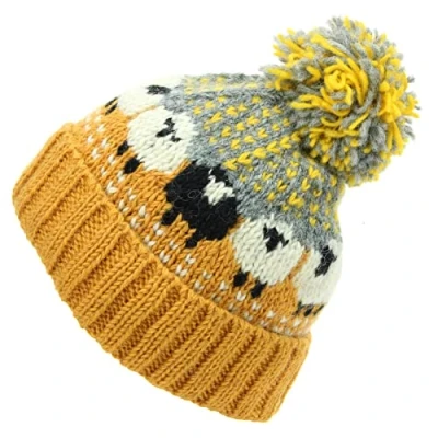 Image of LOUDelephant Wool Knit Bobble Beanie Hat Sheep Orange