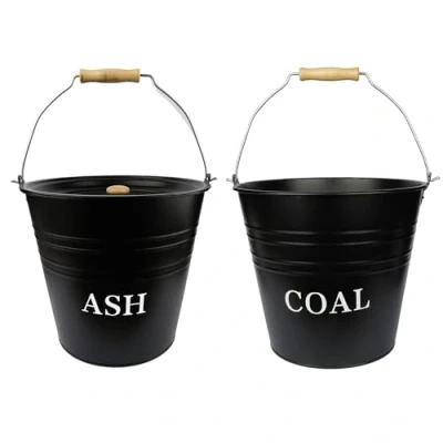 Image of Metal Ash and Coal Bucket Set With Wooden Handle Lid, Fireplace Container, Black Storage, 12 Litres, Fire Log Holder, Wood Burning, Stove Bin