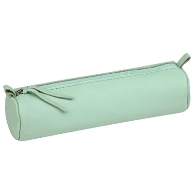 Image of Clairefontaine Ref 410160C Coloured Leather Round Pencil Case 22cm x 5.5cm, Made From Genuine Lambskin Leather, Metal Zip With Puller Pistachio Green