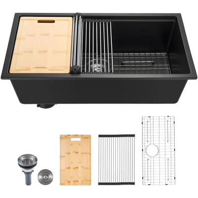 Image of VEVOR 84 cm Kitchen Sink Workstation, Undermount Granite Sink, Drop in Single Bowl Farmhouse Basin with Multiple Accessories, Household Dishwasher Sinks for RV, Prep Kitchen, and Bar (Black)