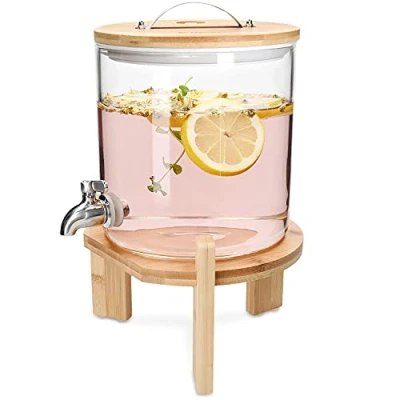 Image of Navaris Glass Drinks Dispenser with Tap 5 Litre Drink Jar Spigot, Lid and Wooden Stand for Hot or Cold Beverages, Punch, Ice Water Parties