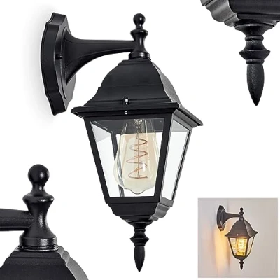 Image of Outdoor Wall lamp Naofe, downwards in Antique Look Made of Metal/Glass Black/Clear, Light Classic Country House Style, for Terrace, E27, Without Bulb, IP44