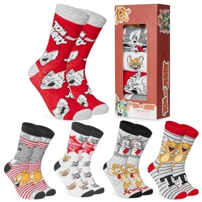 Image of Tom and Jerry Mens Socks Pack of 5 Crew for Men Teenagers Breathable Work Sports Casual Size 6 10 Gifts Him (Grey/Red)
