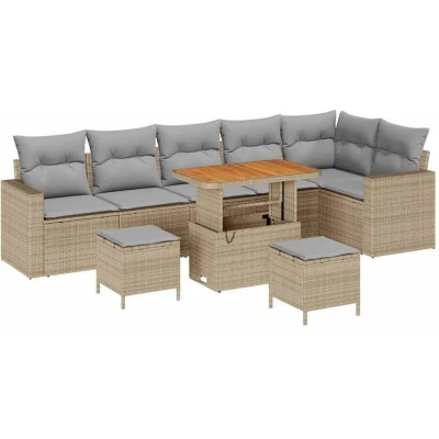 Image of vidaXL 9 Piece Garden Sofa Set with Cushions Beige Poly Rattan Acacia
