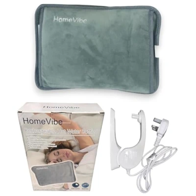 Image of HomeVibe Rechargeable Electric Hot Water Bottle Professional Soft Touch Fleece Cover Bed Hand Warmer Massaging Heat Pad, Grey