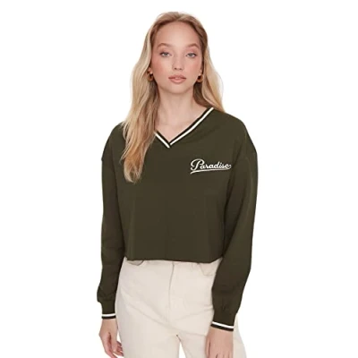 Image of Trendyol Women Regular Basic V Neck Knit Sweatshirt Khaki