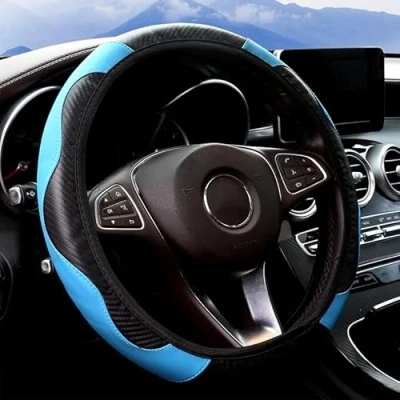 Image of Car Steering Wheel Covers, 38 cm/15 inch Universal Fit Leather Cover Men Women, Anti slip Breathable Protector Accessories (Blue)