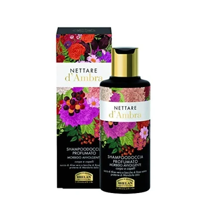Image of Helan Nettare d&#039;Ambra Gentle Shower Gel &amp; Shampoo with Aloe Vera Juice Sweet Almond Proteins, Moisturising Emollient Action Scented Hair Body Wash Rosehip Berries Made in Italy 200 ml