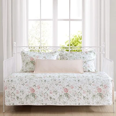 Image of Laura Ashley Home Daybed Set Lightweight &amp; Cozy, Reversible, All Season Bedding with Matching Shams and Pillow Cover, Cotton, Pink, Twin