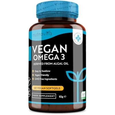 Image of Vegan High Strength Omega 3 2000mg Soft Gels 600mg DHA &amp; 300mg EPA per Serving Plant Based Softgels Derived from Sustainable Algal Oil 60 Made in The UK by Nutravita