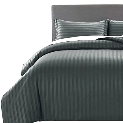 Image of MOONLIGHT20015 Super King Duvet Set Cover Hotel Quality Stripes Satin Bedding Sets with 2 Pillowcases, Reversible Hypoallergenic Soft Breathable Bed Covers (Charcoal, King)