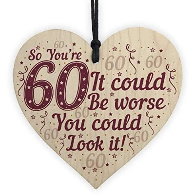Image of RED OCEAN 60th Birthday Decorations Gifts For Men Women Wooden Heart Plaque Funny Dad Mum Nan Grandad