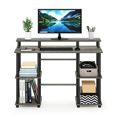 Image of FURINNO Computer Desk with Top Shelf, Engineered Wood, French Oak/Black, 113 (W) x 86.1 (H) 48 (D) cm